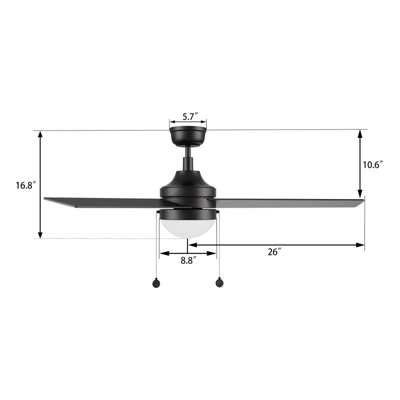 52" Pull-chain 3 Reversible Blades DC Motor Ceiling Fan with LED Light, Downrod