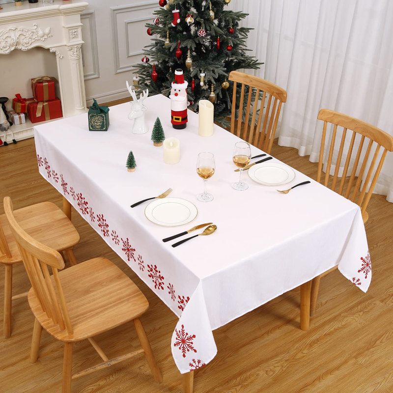Snowflake Print Tablecloth in 150GSM Polyester Slub Cloth | Wipeable & Wrinkle-Resistant Festive Cover for Dining Room, Kitchen & Holiday Parties