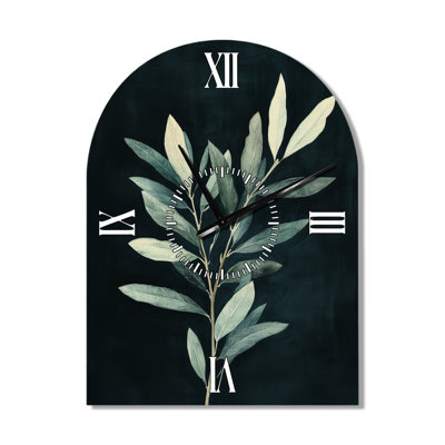 Olive Branch après la tombée de la nuit I - Horloge murale en métal noir Japandi Arch