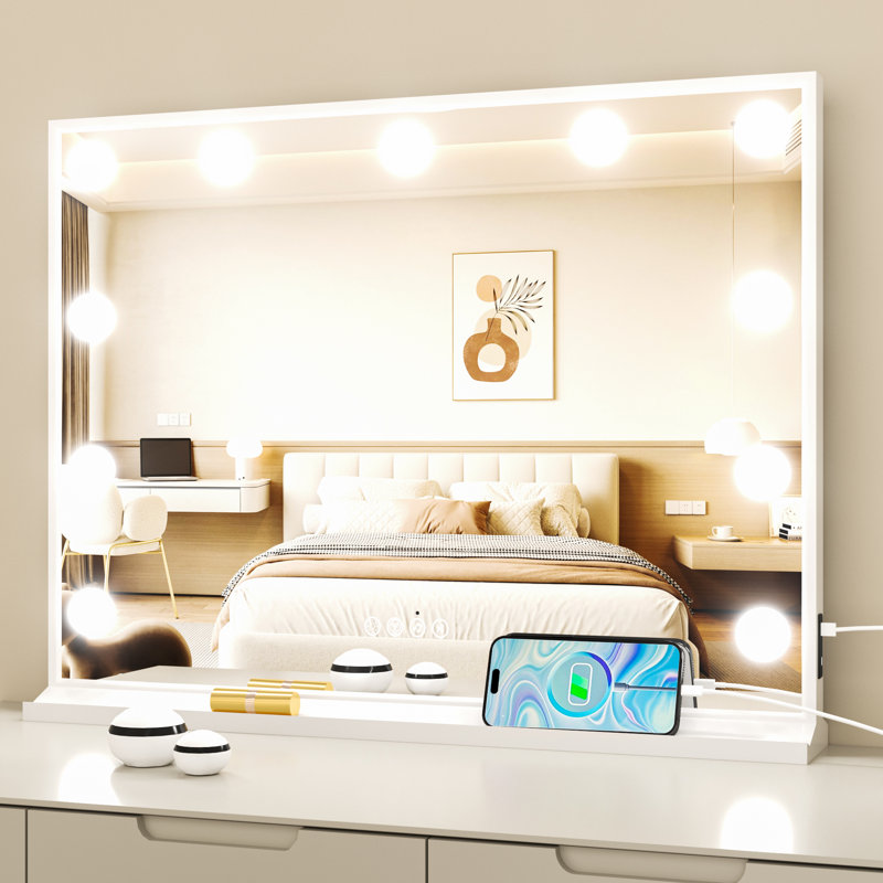 32x24in Large Rectangle Bluetooth Led Metal Mirror Built-in Speakers, Hollywood Vanity Makeup Mirrors With 11 Rgb Led Bulbs, Usb Charging Port, Phone Holder, Lipsticks Holder