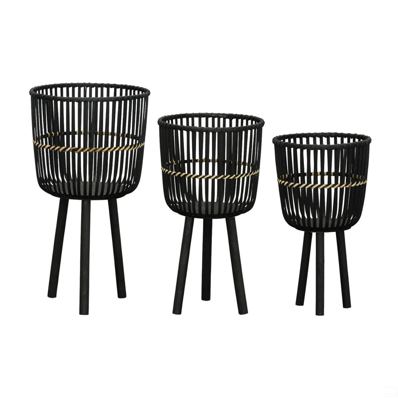 S/3 Bamboo Footed Planters 11/13/15", 27" H x 15" W x 15" D, Black