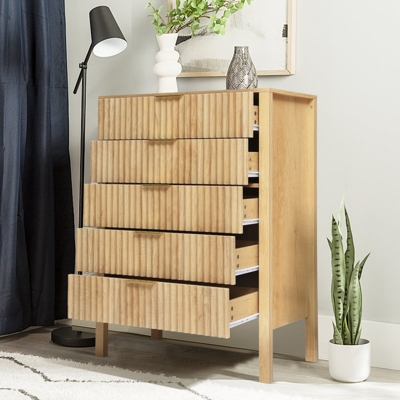 Fluted 5 Drawers Dresser for Bedroom, Tall Skinny Storage Dresser with Thick Plank Styling & Solid Wood Legs, Wooden Vertical Drawer Organizer