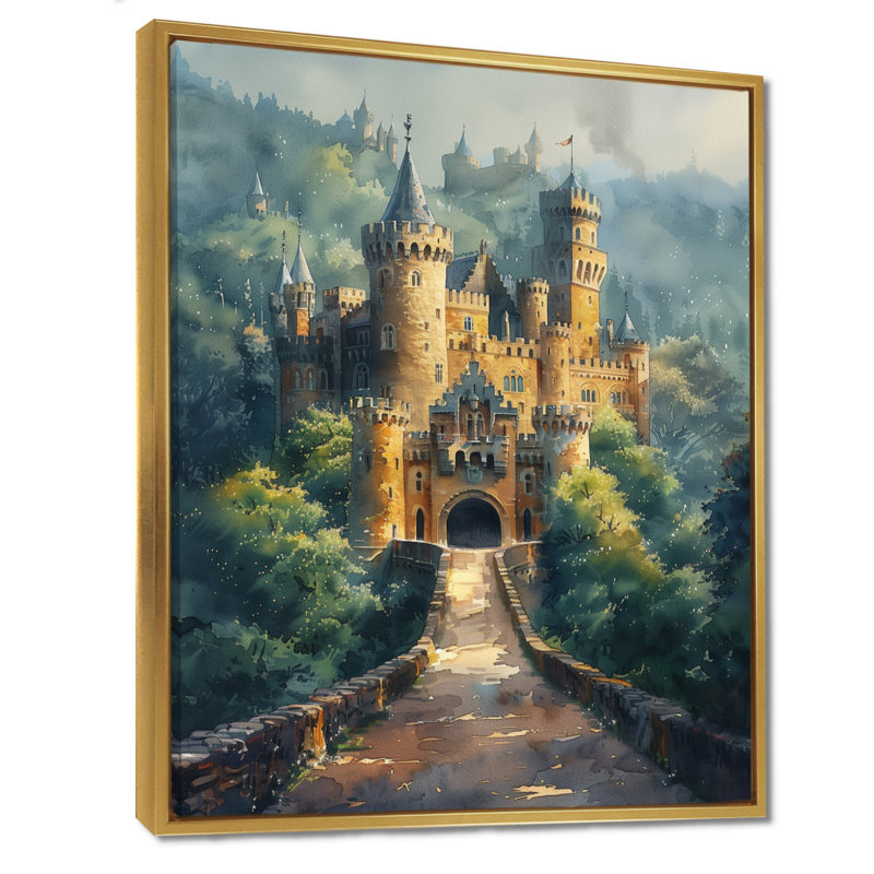 Beige vert, château de conte de fées, salon d'art mural châteaux, Toile avec cadre flottant or, H 20 po x l 12 po x P 1 po