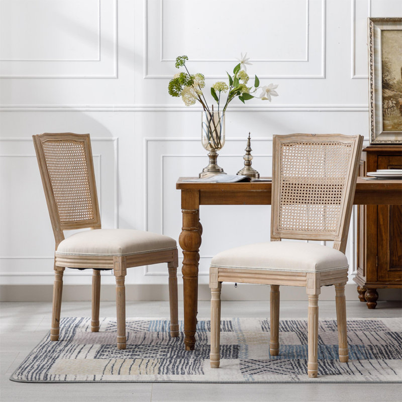 Accent Chairs Living Room Chairs Set Of 2 Solid Wood Frame Linen Fabric Square Rattan Back Dining Chairs