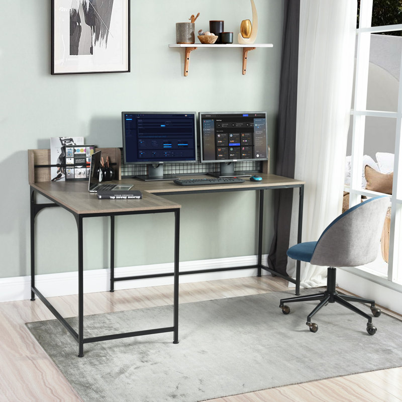 Clerkin L-Shaped Executive Desk, Black, Sonoma, Steel