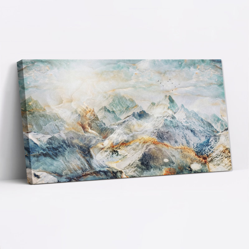 Oiseaux qui volent au-dessus de montagnes de marbre bleu sarcelle et or, L 40 po x H 20 po