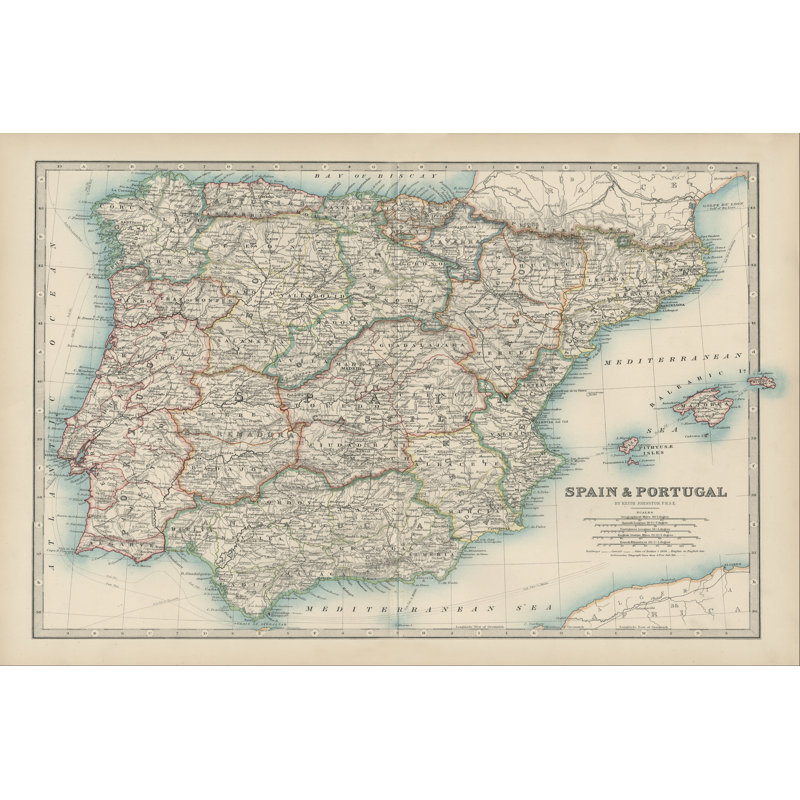 Johnston''s Map of Spain and Portugal 1 Piece Wrapped Canvas Painting, 30cm H x 46cm W x 3.8cm D