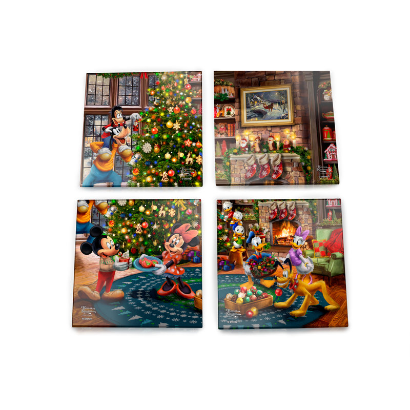 (Symboles) Ensemble de sous-verres en verre Starfire, Disney / Micky et Minnie coupant l'arbre