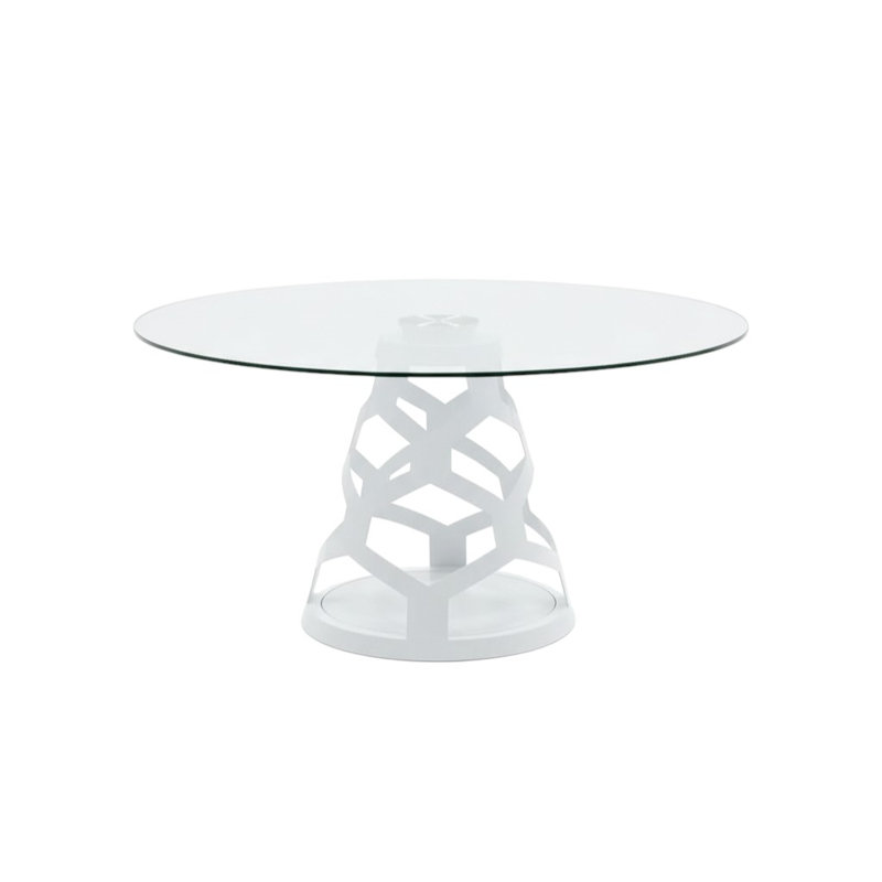 Table de salle à manger ronde en verre transparent et blanc et pied central en acier, 48 pouces