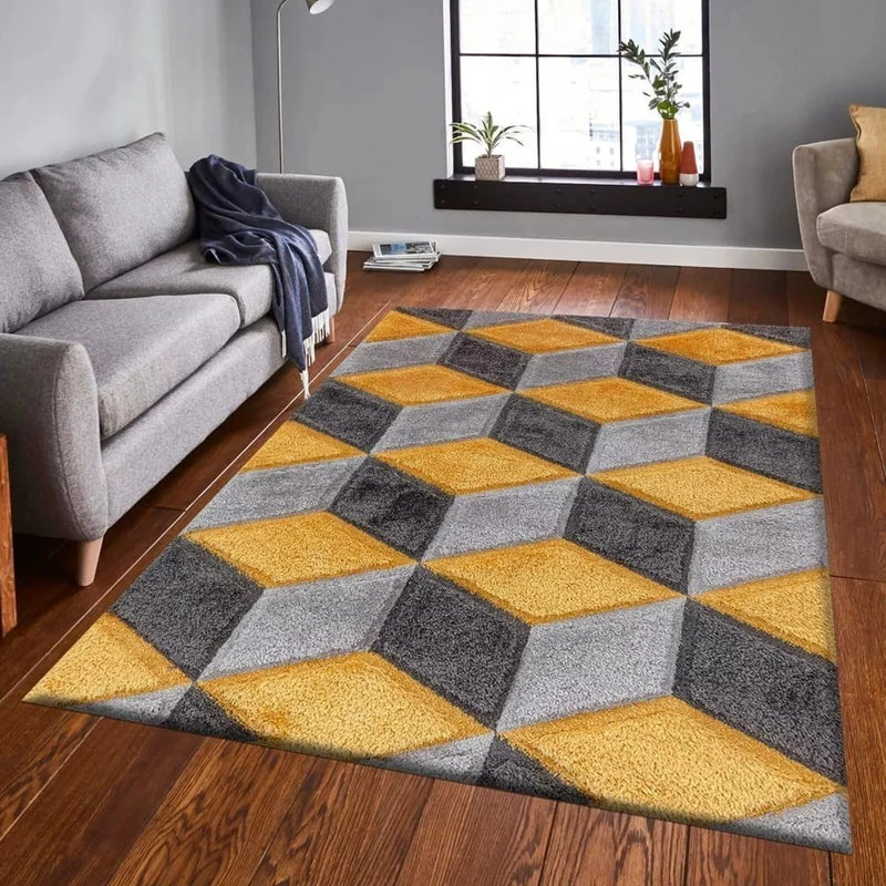 Shaggy Rug Ochre Large Living Room Carpet & Extra Long Hallway Runner Modern Geometric Non Slip Bedroom Area Rug