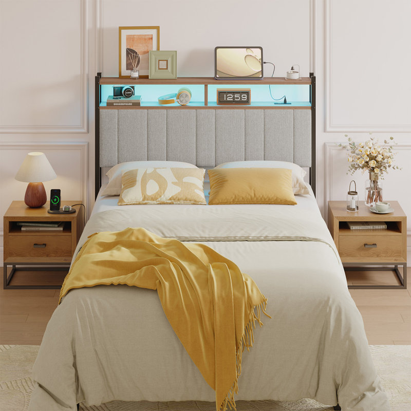 Tête de lit avec rangement et tête de lit en métal avec station de charge DEL et port USB, gris, Double