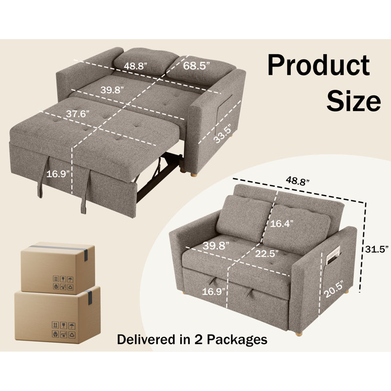 48.8" Wide Upholstered Reclining Sleeper Sofa, Brown Gray
