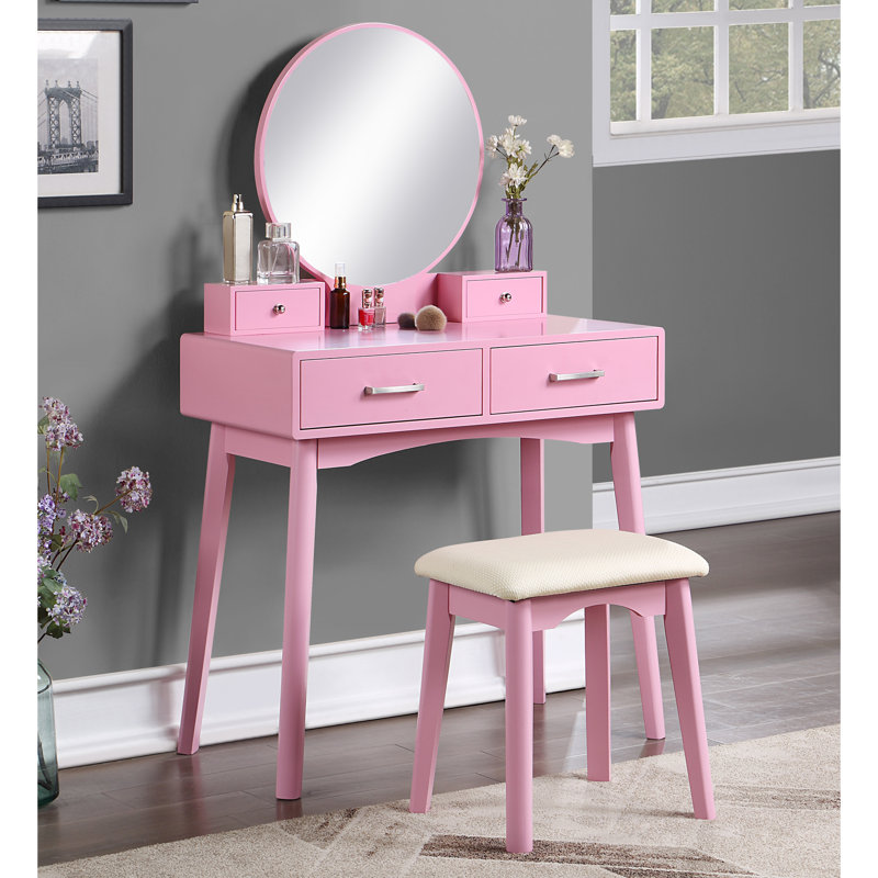Tabouret de coiffeuse contemporain en bois avec rangement, Rose