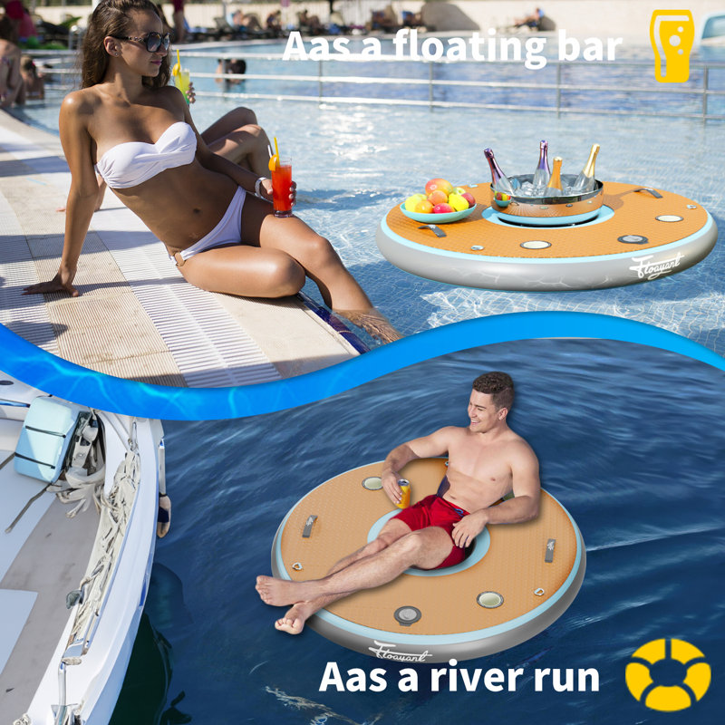 Round Inflatable Floating Bar With Built-In Cooler And Cup Holders
