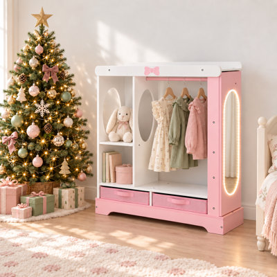 Kids Armoire with Jewelry Cabinet, Dress up Storage with Mirror and Shelves Storage Drawers Included -Pink