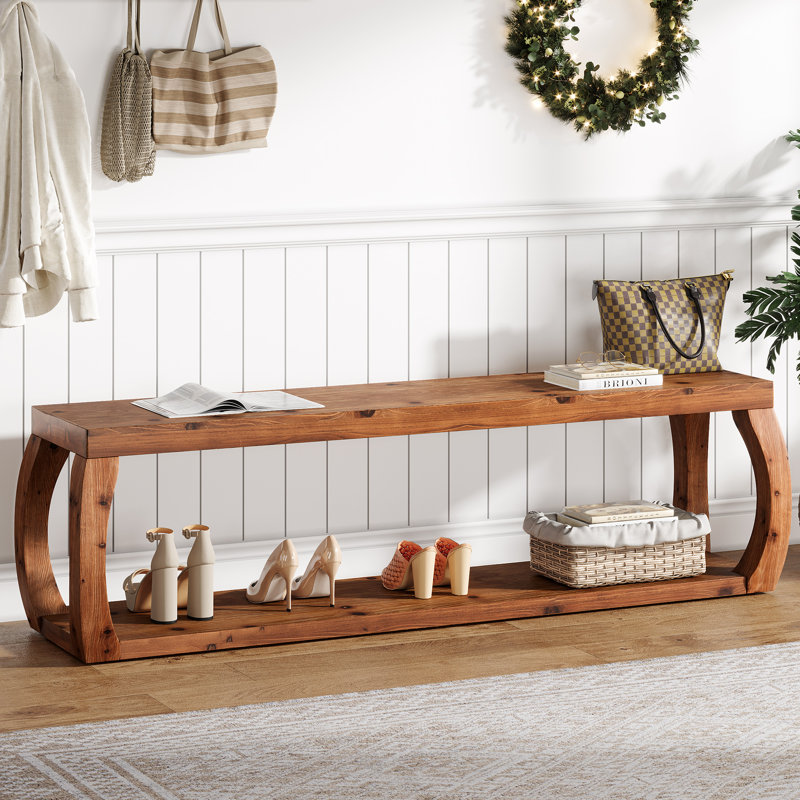 Banc de hall d'entrée en bois massif avec rangement ouvert à 2 niveaux, brun rustique