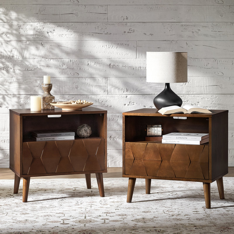 Iasiah 24" Mid-Century Modern Nightstand with Charging Ports and Hidden Drawer, Walnut