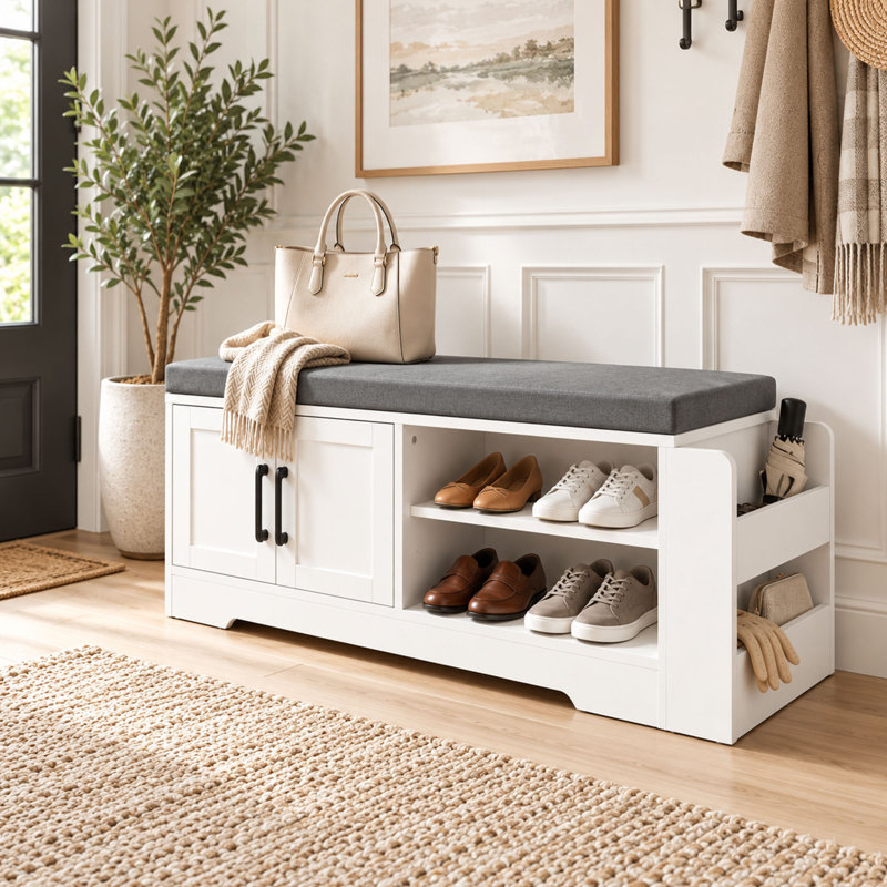 Banc de rangement à chaussures de style campagnard avec siège rembourré, armoire et étagères réglables