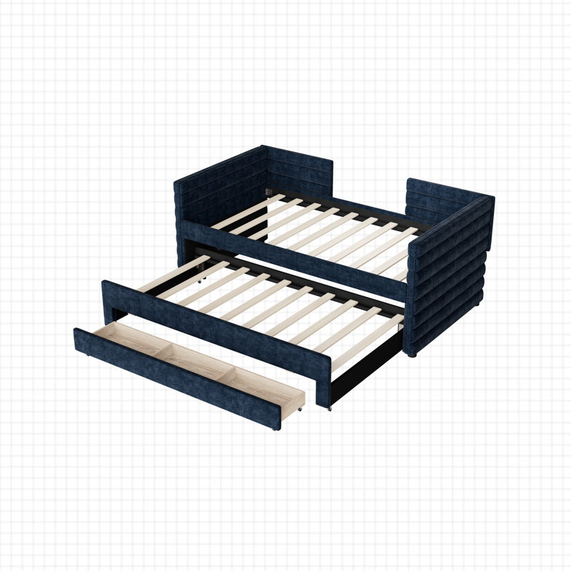 3 Drawers Upholstered Daybed With Trundle, Blue
