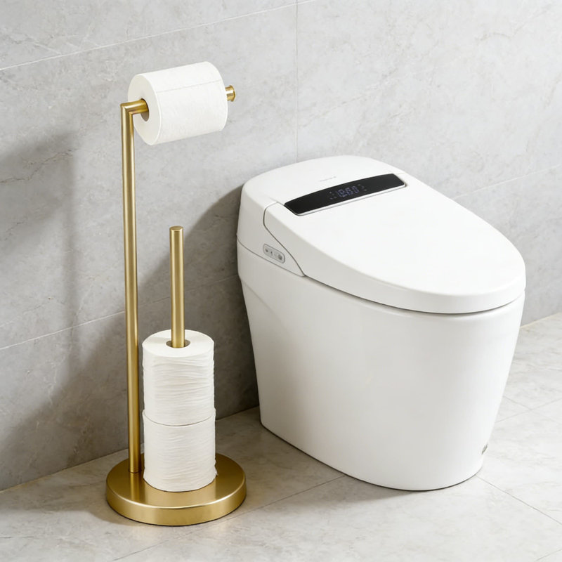 Porte-papier hygiénique sur pied avec fonction de réserve, base lourde et rembourrage antidérapant, finition or brossé