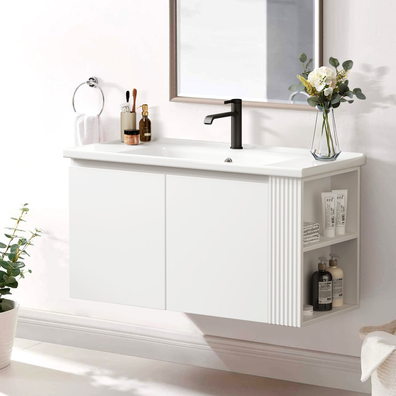 Wall-mounted Floating Bathroom Vanity With Ceramic Sink,free-handle Design,side Open Shelves