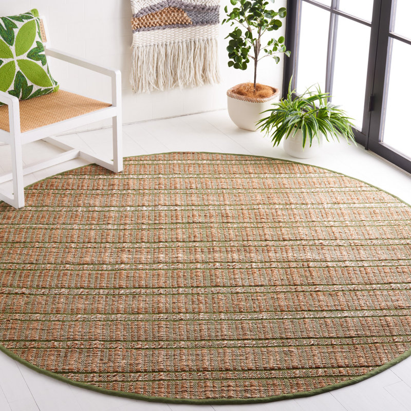 Sollars Striped Flatweave Green/Natural Area Rug, Round 7'