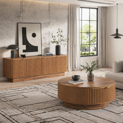 Farmhouse Coffee Table & TV Stand Set, Fluted Wood Living Room Furniture Set with Storage Cabinets, Drawers & Golden Handles