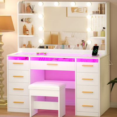 Adriel 43.3"W Makeup Vanity Desk With Lights, See-Through Desktop, Power Outlet