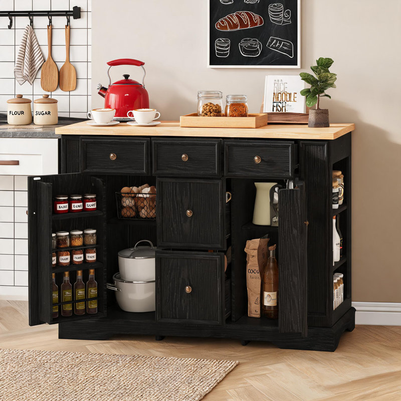 Buffet noir avec rangement, console de cuisine avec 5 tiroirs et 2 armoires, serveur de rangement à tablettes réglables pour le vestibule du salon