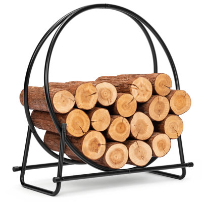 Firewood Log Rack Hoop, Heavy Duty Solid Steel Fire Wood Storage Rack for Indoor Outdoor Patio Deck Porch, (Black)
