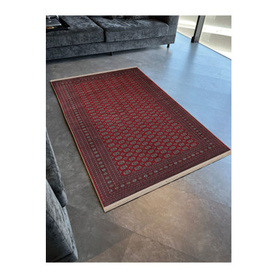 Red Themed Ethnic Traditional Patterned Vintage Decorative Rug Machine Washable