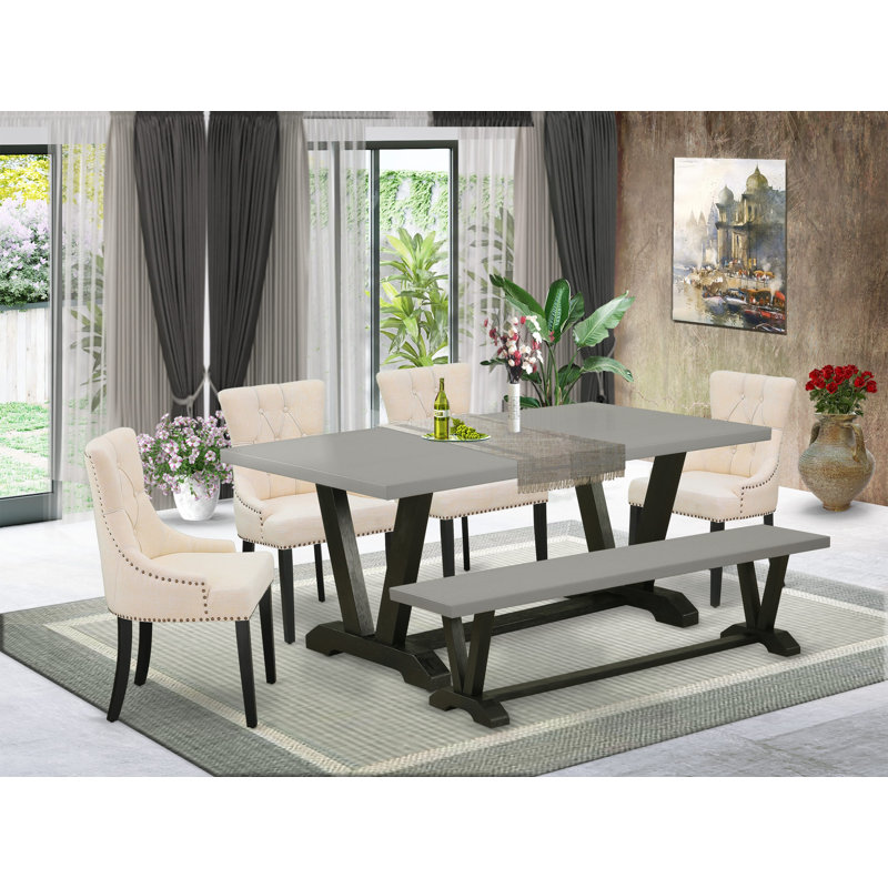 Ensemble de salle à manger 9 pièces comprenant une table de cuisine rectangulaire à pieds en V et 8 chaises rembourrées en lin beige clair, multicolore