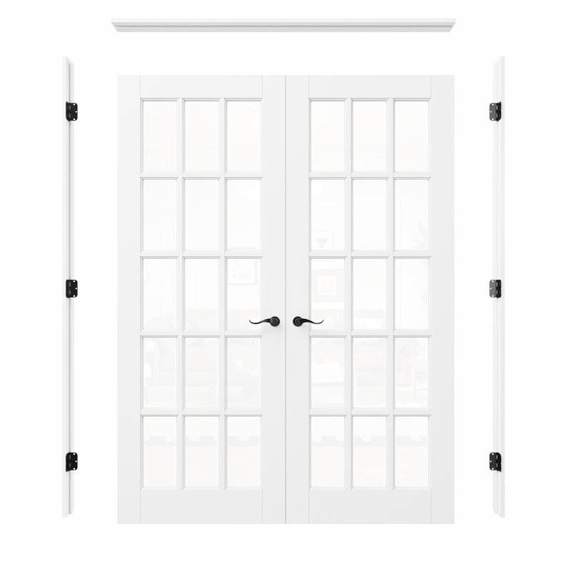 Porte intérieure à 15 carreaux en verre clair, portes françaises en MDF CARB P2 et verre trempé SGCC, quincaillerie noire mate - poignée de porte avec serrure, loquet et charnières, préfinie et imperméable, garde-manger, chambre, salle de bain et placard, teinture facile à faire soi-même, 162,5 cm x 203,2 cm