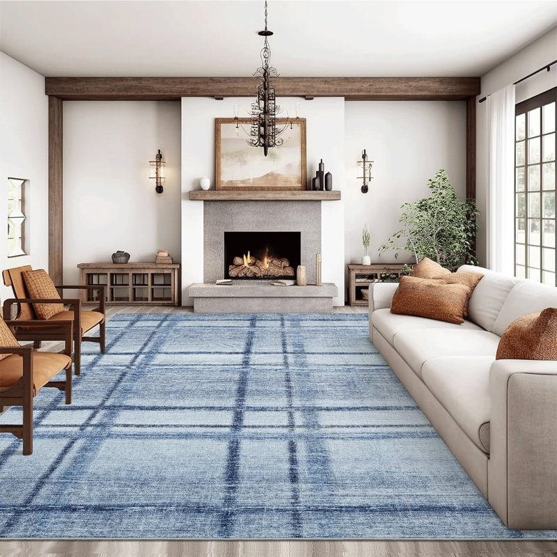 Area Rugs Modern Checkered RugsStain-Resistant Dining Room RugWashable CarpetRug for Farmhouse Living Room, Blue