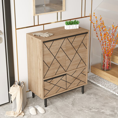 Ocean Double Sideboard Table And Storage With 3 Doors And Metal Legs, Oak Color Multi-purpose Cabinet Uv Print