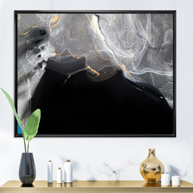 Marbre noir et gris Gloden, ondulations d'art II - œuvre d'art moderne sur toile, H 8 po x l 12 po x P 1 po