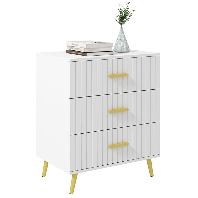 Commode à 3 tiroirs avec pieds en aluminium pour chambre à coucher, Blanc