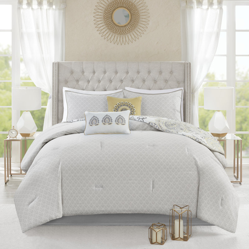 Isla 8 Piece Reversible Cotton Floral Comforter Set, Queen Comforter + 1 Bed Skirt + 2 Shams + 2 Euro S, Yellow