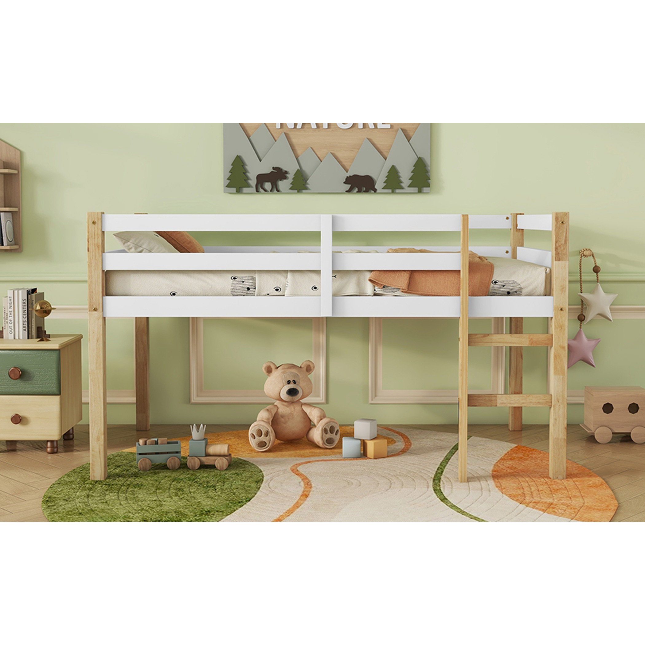 Solid Wooden, Rubber Wooden Twin Loft Bed with Ladder, Bed Platform of Strengthened Slats , Grey