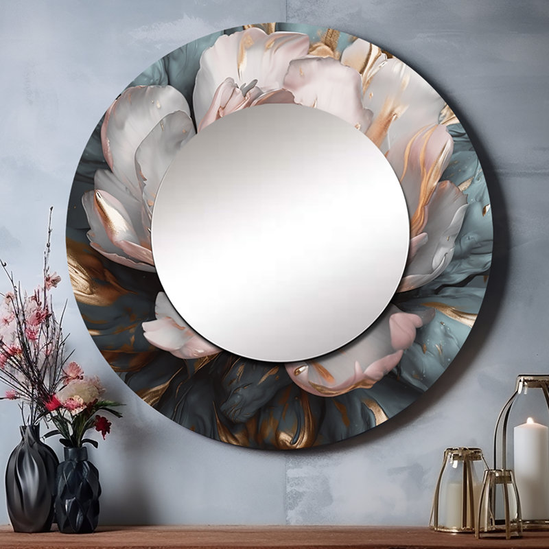 Prunelle rose gris pivoines Blooming I - miroir pivoines, miroir mural rond unique moderne, impression sur métal