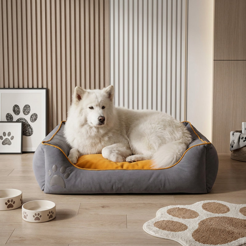 Lit pour chien avec traversin deux tons gris / moutarde Pawsome, L 21,7 po, Gris / Moutarde