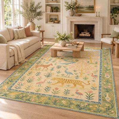 Tapis vert / beige / rose à envers antidérapant lavable à la machine à motif animal et floral Boho pour salon, chambre à coucher, chambre d'enfant, chambre de bébé