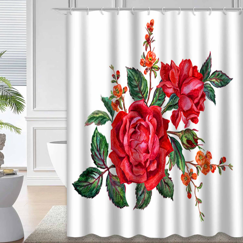 Bouquet de roses rouges, branches, aquarelle, fleur blanche avec 12 crochets, L 72 po x l 78 po