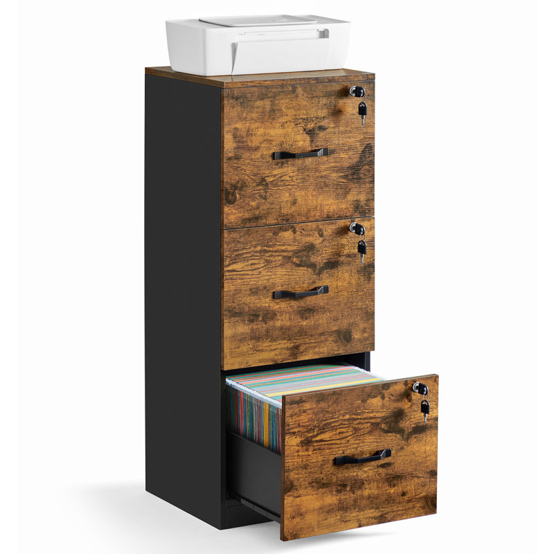 3-Drawer File Cabinet With Lock, Rustic Brown/Black