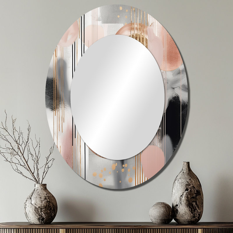 Rayures et lignes roses Modern Art II - miroir mural ovale moderne rose, 40 po x 30 po