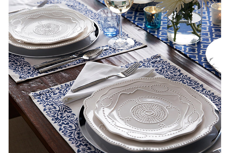 Blue and white dinnerware place setting