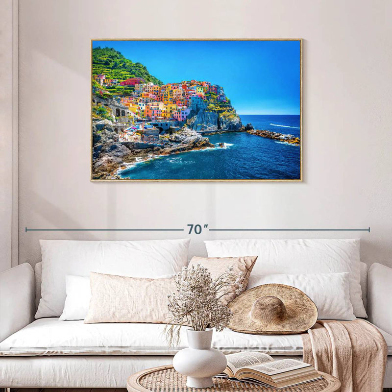 Cinque Terre, bord de mer, Cadre flottant en bois naturel, 43 po x 29 po