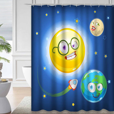 Cartoon Sun Earth Moon Cosmic Cute Sky Shower Curtain with 12 Hooks