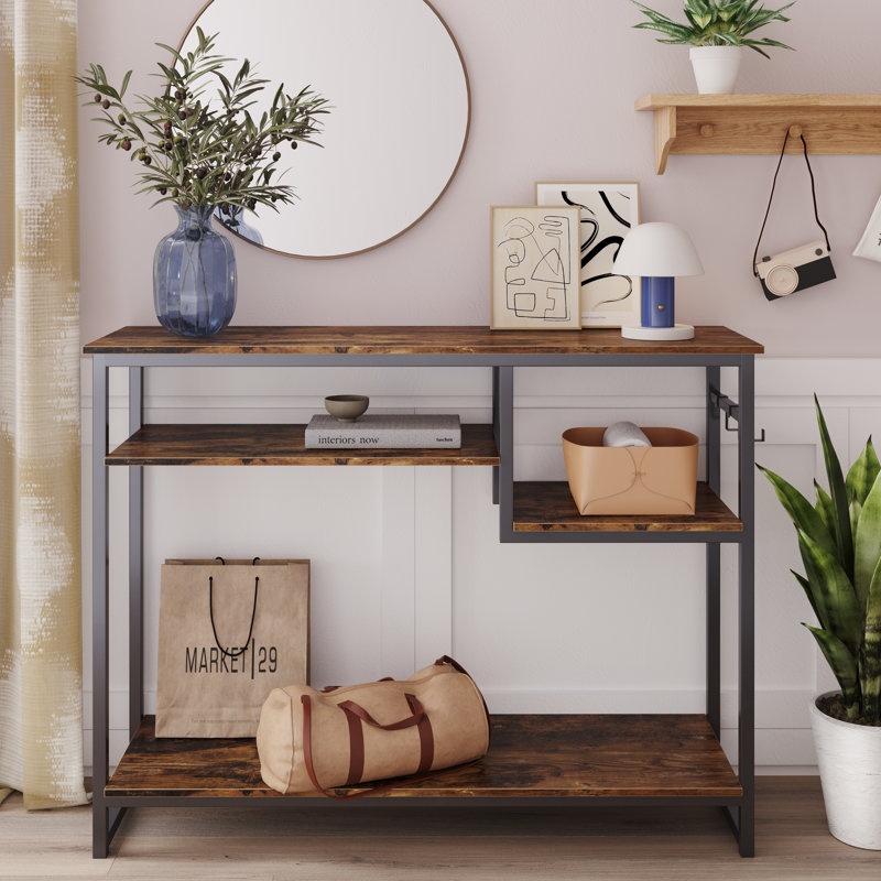 100cm Geometric Art Console Tables for Entryway, Skinny Entry Table with 4 Tier Storage Shelves, Rustic Brown