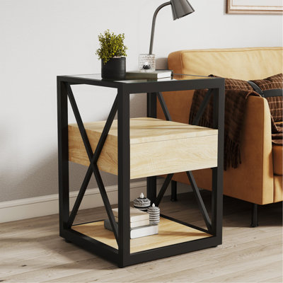 Table de bout moderne 1 pièce avec tiroir - Table de chevet pour la chambre à coucher et le salon, plateau en MDF et verre trempé en bois naturel, table d'appoint de style industriel